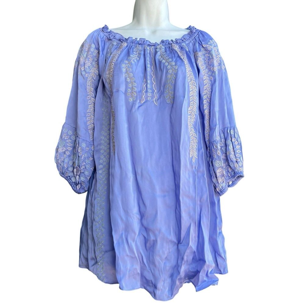 VINTAGE COLLECTION Peasant Boho Top Periwinkle Embroidered Hippie Blouse Size L